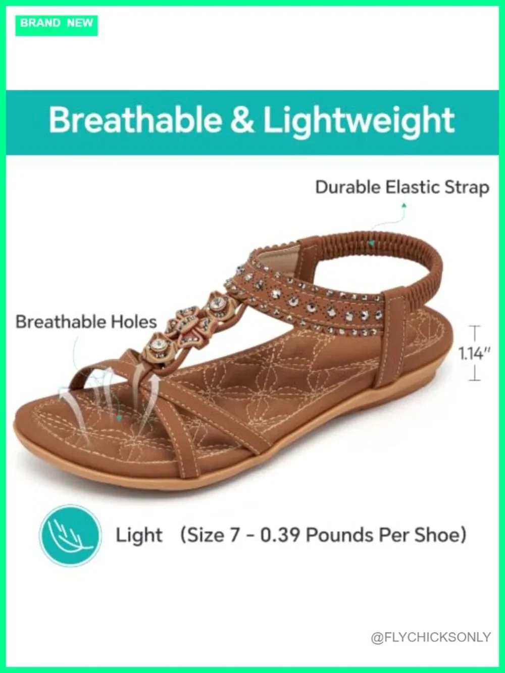 Women's Bohemian Flat Sandals with Rhinestone Ankle Strap, Memory Foam Insole